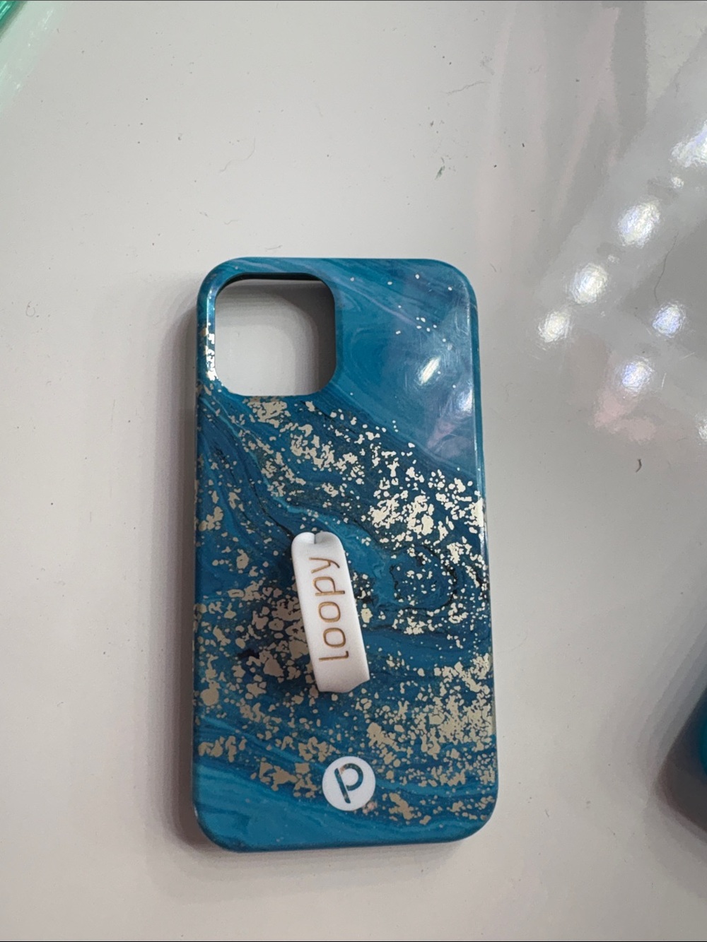 Loopy Case Teal Marble Phone Case with Gold Speckle and White Grip